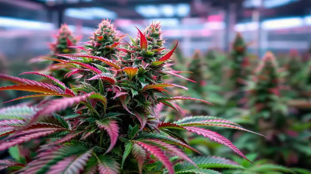 Vibrant cannabis plant with deep green and red leaves under soft indoor lighting in a cultivation setup.