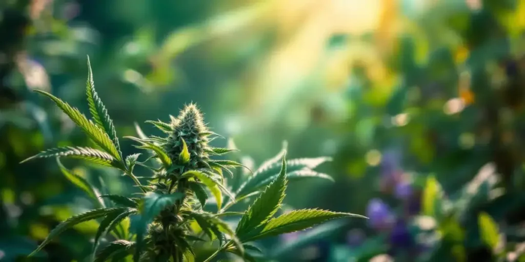 Healthy cannabis plant with green leaves and buds illuminated by natural sunlight.