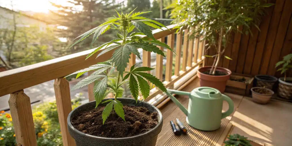 A cannabis plant in a black pot on a wooden deck, with a watering can and potted plants nearby.