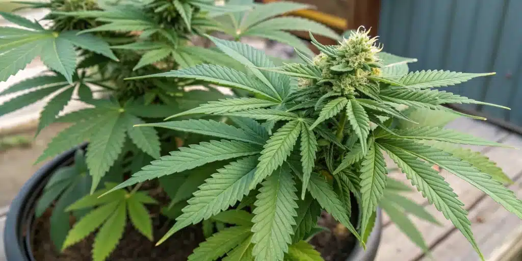 Cannabis plant with dense buds and vibrant green leaves in full bloom.