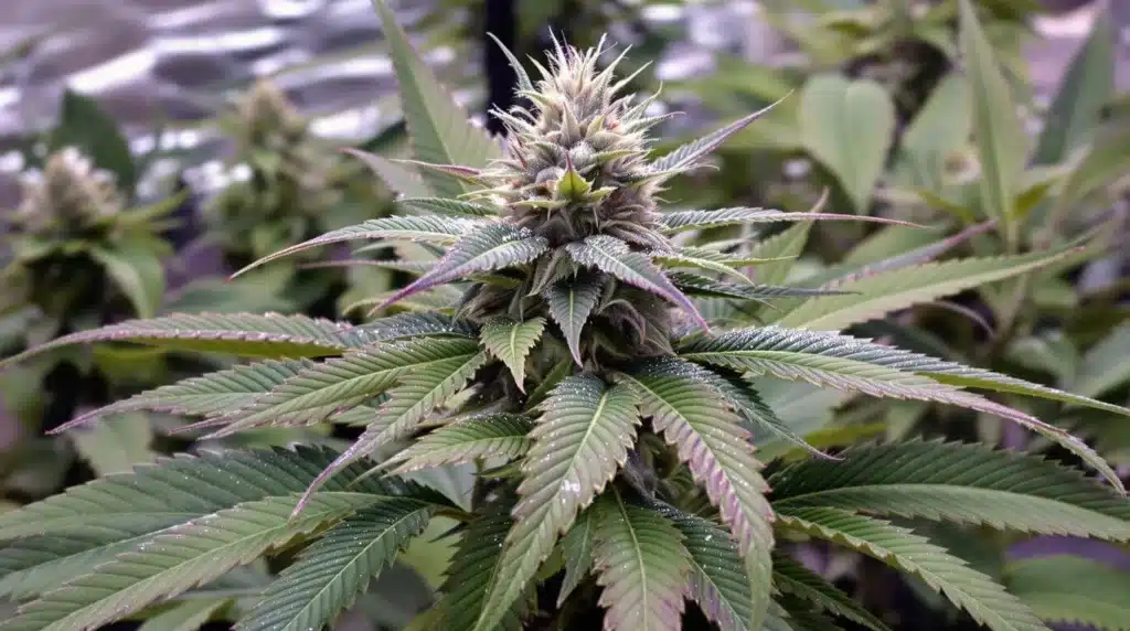 Purple-tinged cannabis plant with healthy green leaves and a dense central bud.