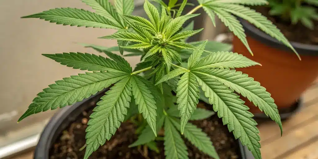 Close-up of a cannabis plant with thick buds and serrated leaves.