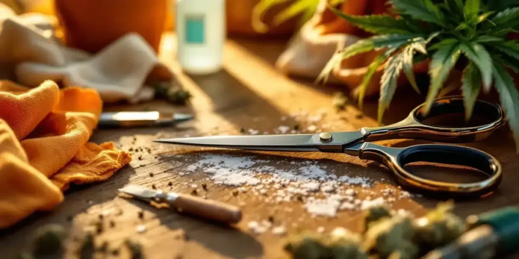 Cannabis trimming scissors on a wooden table with buds, leaves, and grow tools in soft natural light.