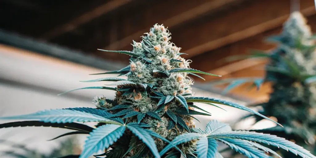 indoor-grown Caramel Cream cannabis plant with orange pistils