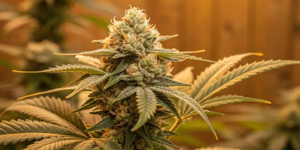 flowering Caramel Cream weed strain with red-tinted leaves