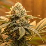 flowering Caramel Cream weed strain with red-tinted leaves