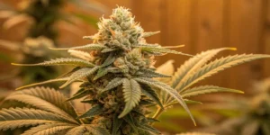 flowering Caramel Cream weed strain with red-tinted leaves