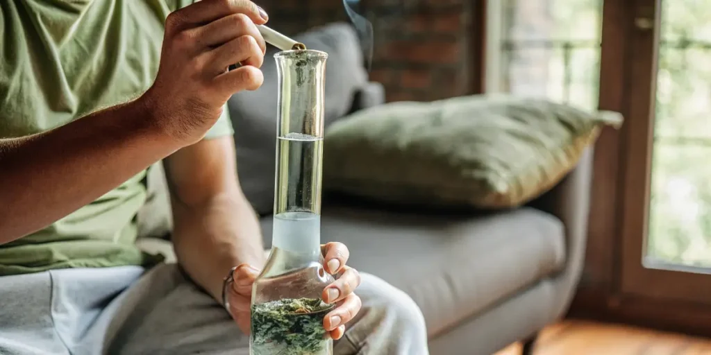 Close-up of hands lighting a water bong with cannabis in a cozy home setting.