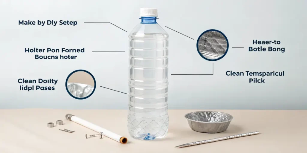 DIY plastic bottle bong setup with labeled parts and homemade smoking accessories.