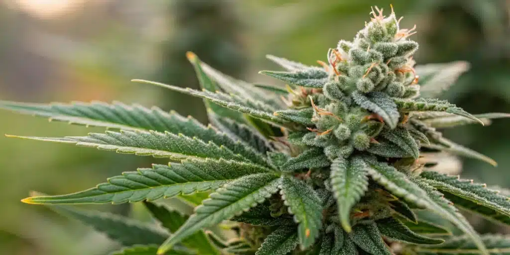 Close-up of dense, resin-coated Fast Bud Autoflower buds with sparkling trichomes.