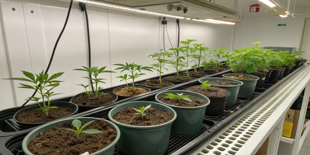 Indoor grow room with Fast Bud Autoflower plants under full-spectrum LED lights and nutrient systems.