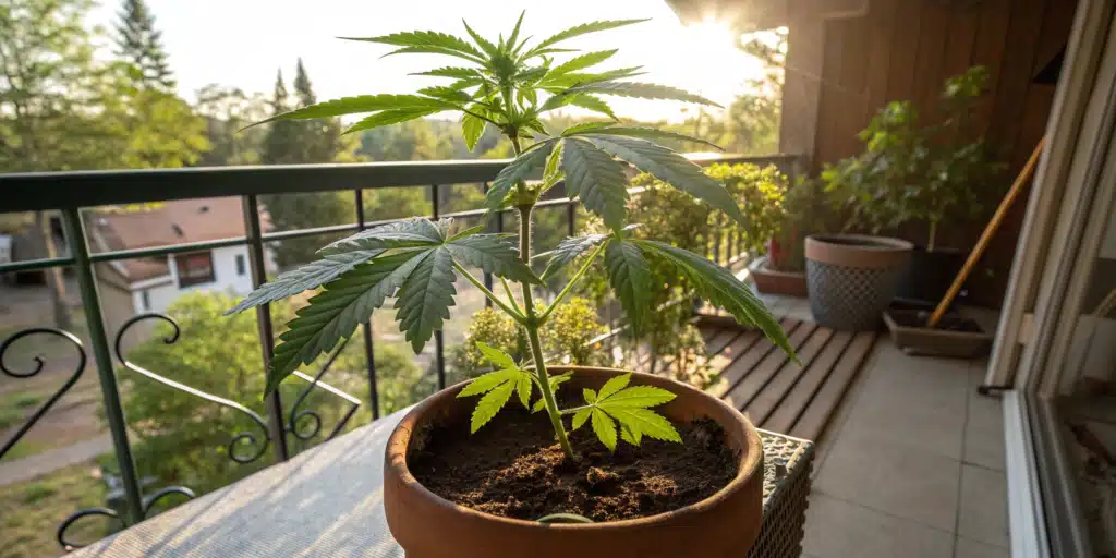 A cannabis plant growing in a clay pot on a balcony, with sunlight casting a warm glow over the leaves.