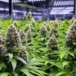 Indoor cannabis cultivation with lush green plants and dense buds under LED lights.