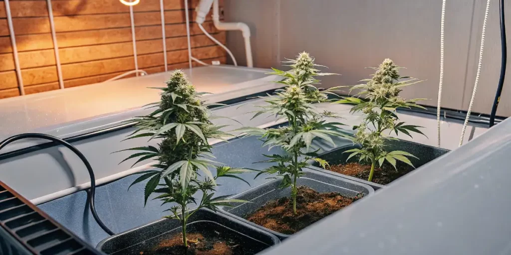 Healthy cannabis plants cultivated indoors in rectangular containers under grow lights.