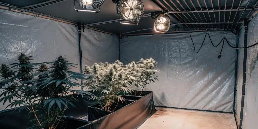 Indoor cannabis grow tent with mature cannabis plants under professional LED lights and ventilation fans.