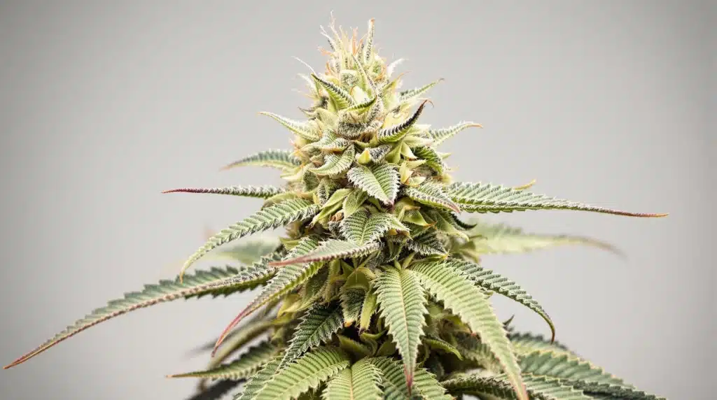 Dense green cannabis plants with large fan leaves and budding colas in a reflective indoor growing environment.