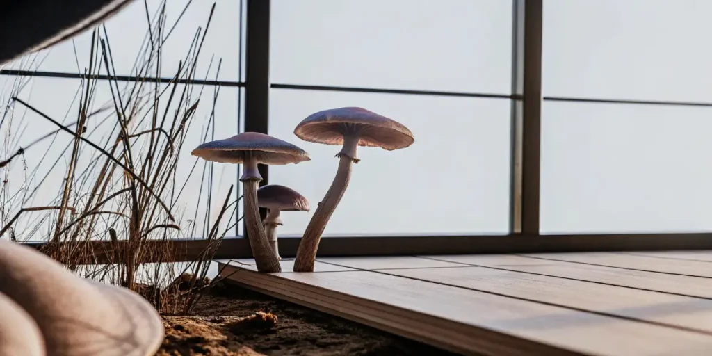 Close-up of magic mushrooms growing naturally indoors near a glass wall with soft daylight.