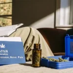 homme utilisant du cannabis sativa pour soulager l'anxiété avec des fleurs de cannabis sur une table