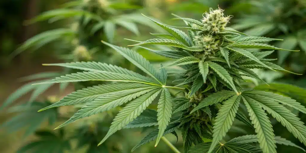 Cannabis plant with thick buds and bright green leaves growing outdoors.