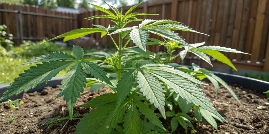 A young cannabis plant growing in a backyard garden, surrounded by rich soil and enclosed by a wooden fence.