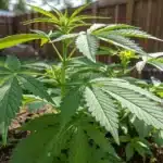 A young cannabis plant growing in a backyard garden, surrounded by rich soil and enclosed by a wooden fence.