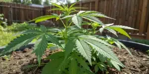 A young cannabis plant growing in a backyard garden, surrounded by rich soil and enclosed by a wooden fence.