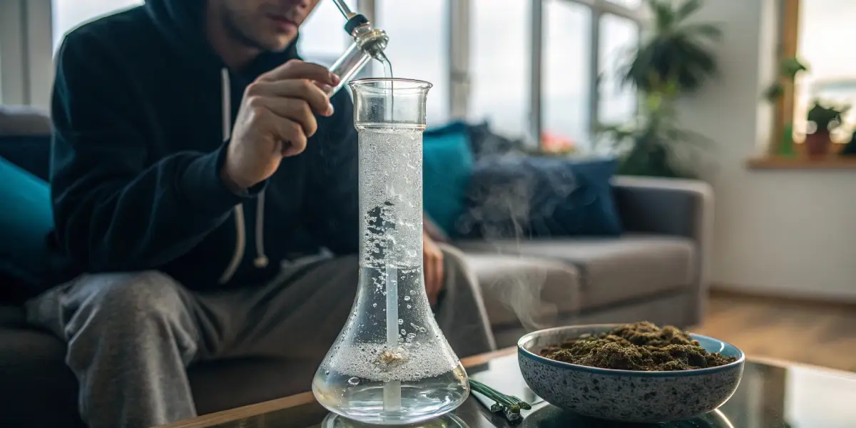 Person preparing to use a large glass bong with water in a bright living room.