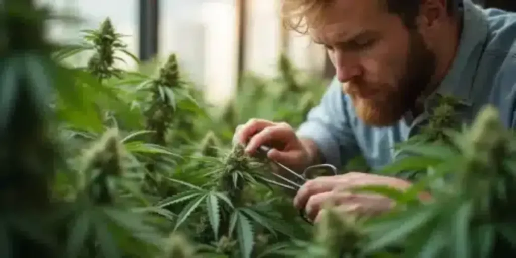 Expert grower inspecting cannabis plants for pests and diseases in Michigan