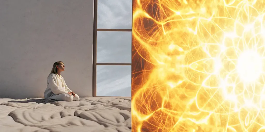 Woman meditating on a bed in a bright room next to a vivid spiritual energy mandala.