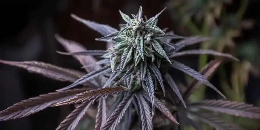 Close-up of a cannabis plant with frosty buds and deep purple leaves.