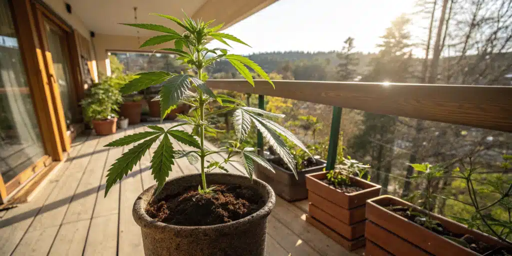 A young cannabis plant growing in a pot on a wooden balcony, surrounded by other potted plants with a scenic view.