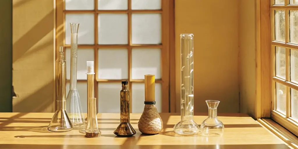 A selection of glass and homemade bongs on a wooden table in natural sunlight.