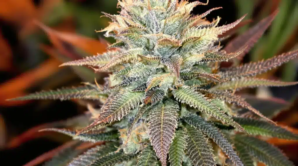 Close-up of a colorful cannabis bud with frosty trichomes and orange pistils under warm lighting.