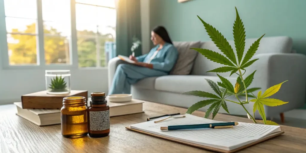 femme utilisant de l'huile de CBD en écrivant dans un carnet à la maison