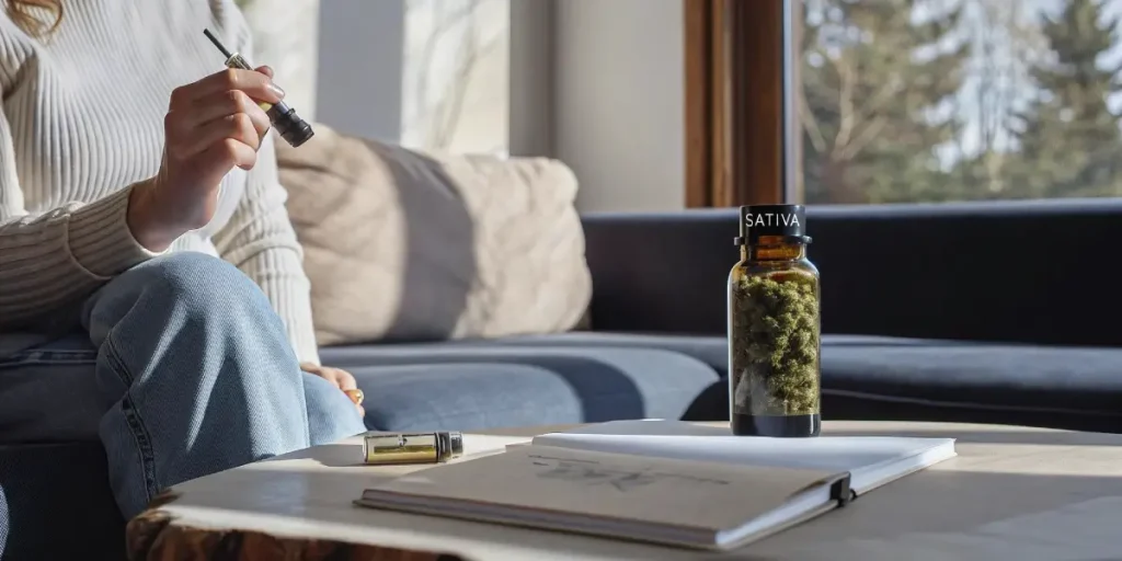 femme vapotant du cannabis sativa avec un bocal de fleurs de cannabis posé sur une table