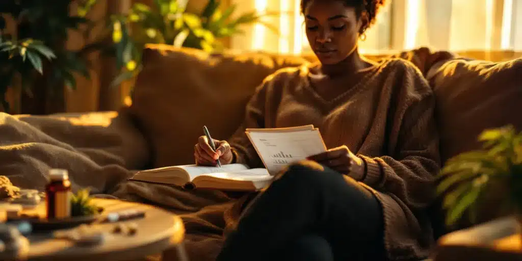 Woman studying on a couch with cannabis products on a table, highlighting the use of mood weed for improved focus and stress relief