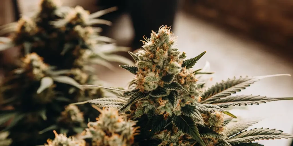Frosty cannabis buds with orange hairs and dark green leaves under soft lighting.