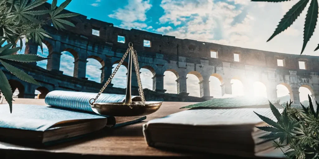 Hyper-realistic digital illustration depicting the Colosseum in Rome, with a scale of justice, open books, and cannabis leaves, under a bright sky.