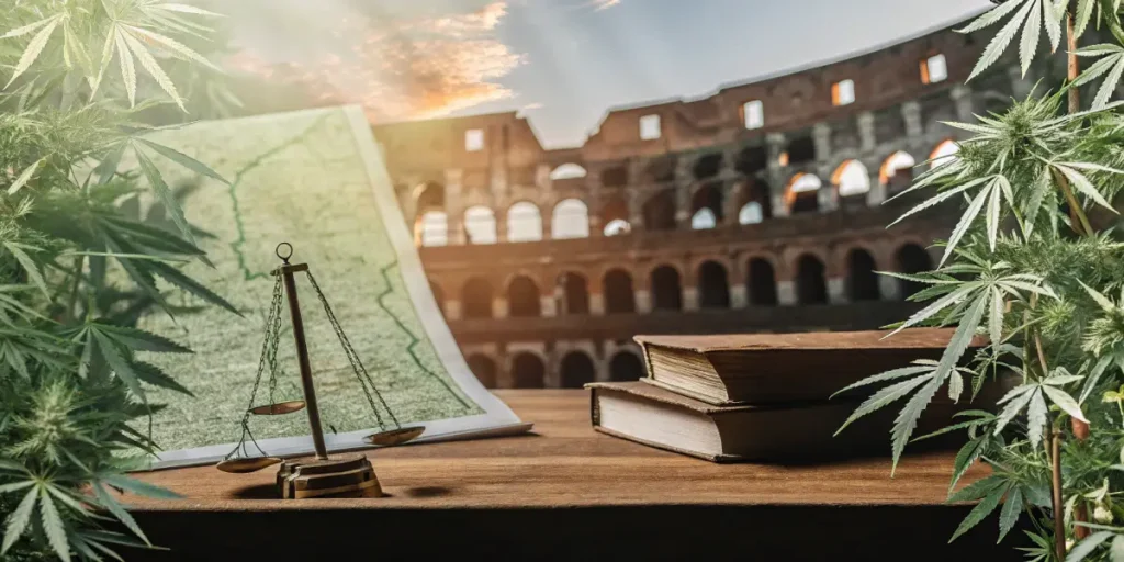 Hyper-realistic digital illustration depicting the Colosseum in Rome, with a scale of justice, old books, a map, and cannabis leaves in the foreground.