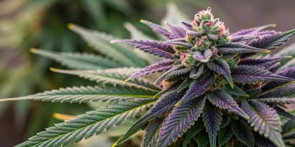 Close-up view of Carbon Fiber Weed Strain buds with sparkling trichomes and vivid green-purple colors.