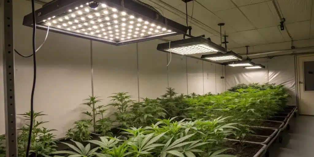 Indoor grow room with Carbon Fiber plants under full-spectrum LED lights and controlled environment.