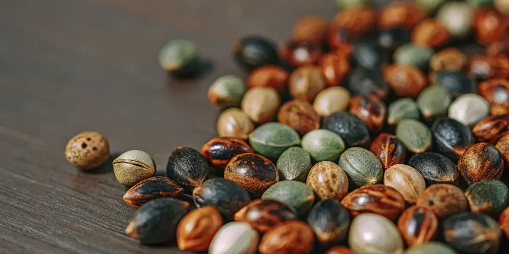 Hyper-realistic close-up of a pile of diverse cannabis seeds, showing a mix of green, brown, and black colors, on a dark wooden surface.