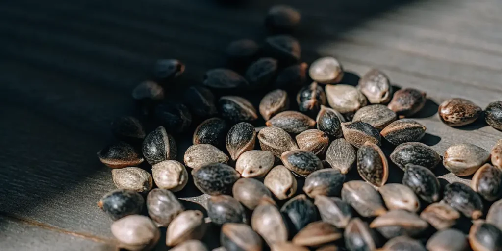 Hyper-realistic close-up of a pile of diverse cannabis seeds, predominantly dark-toned, scattered on a wooden surface with subtle light.