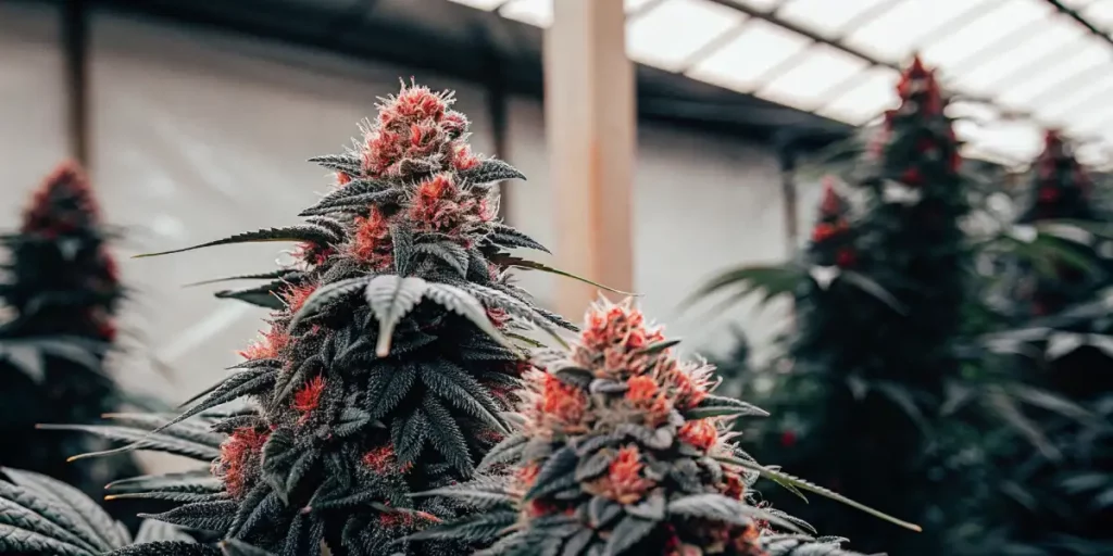 Frosty cannabis buds with orange hairs growing under artificial light in a greenhouse.