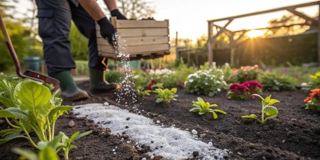 Person in gloves mixing white granules into soil of a raised garden bed.