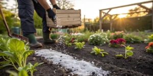 Person in gloves mixing white granules into soil of a raised garden bed.