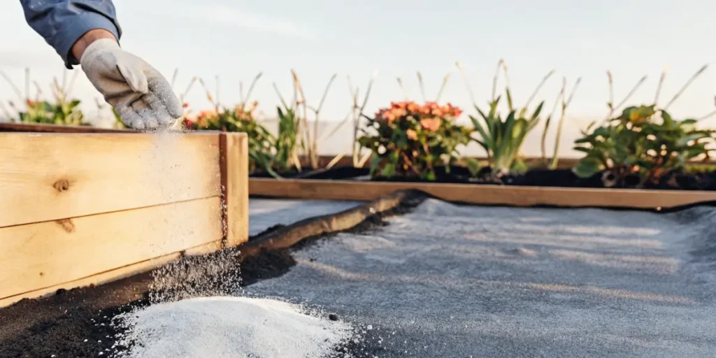 Person spreading white granular fertilizer from a wooden crate into garden soil at sunset.
