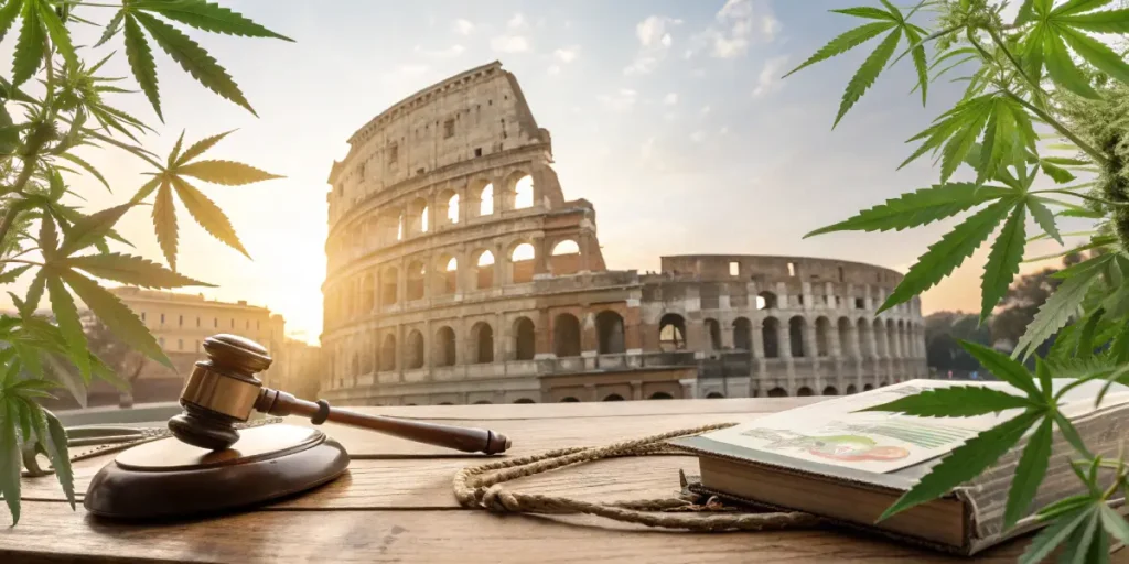 Hyper-realistic digital illustration depicting the Colosseum in Rome, with a judge's gavel, a book, and cannabis leaves in the foreground.