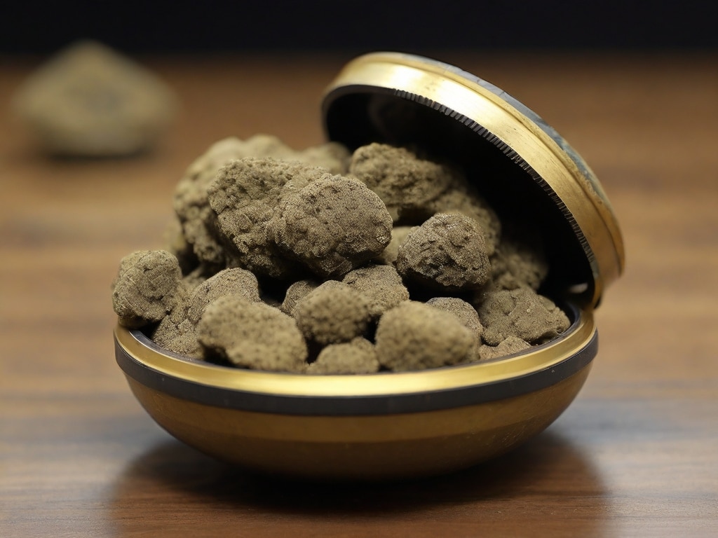 Open golden tin filled with premium bubble hash chunks