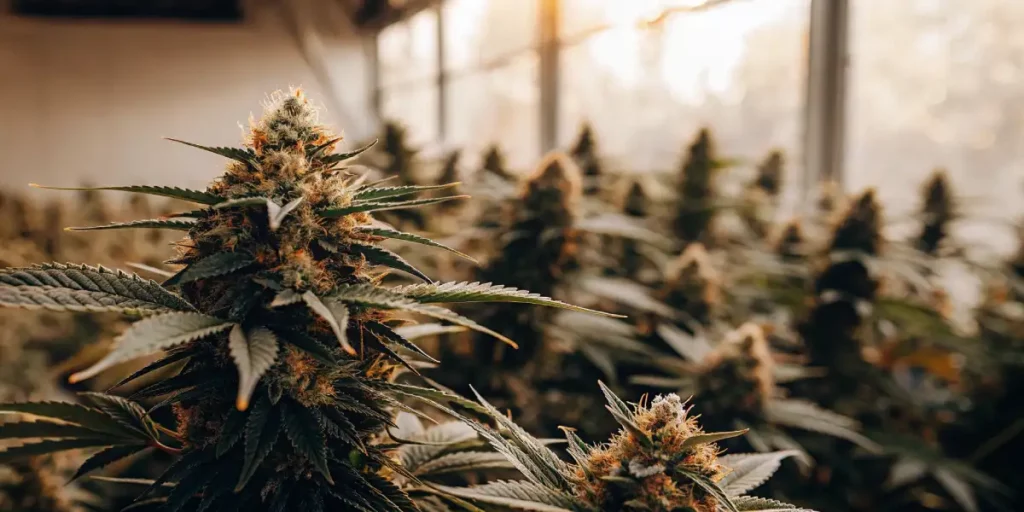 Growing cannabis buds with vibrant green leaves and trichomes in a well-lit cultivation room.